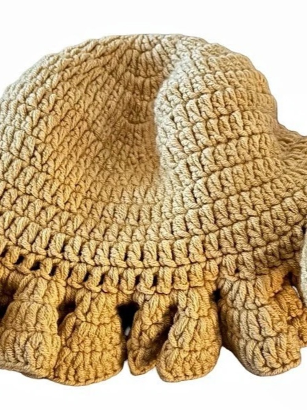 Crochet Ruffled Hat in Brown/Beige. OS.